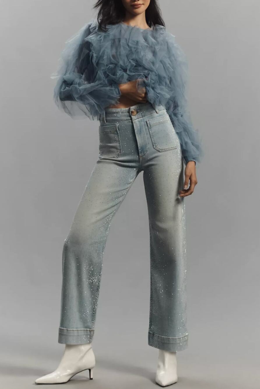 Maeve Colette Rhinestone High-Rise Wide-Leg Cropped Jeans 27